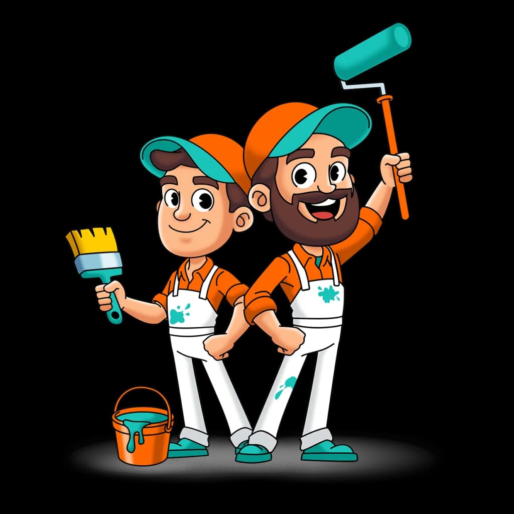 Hoosier Boys Painting mascots holding a paint brush, roller and bucket